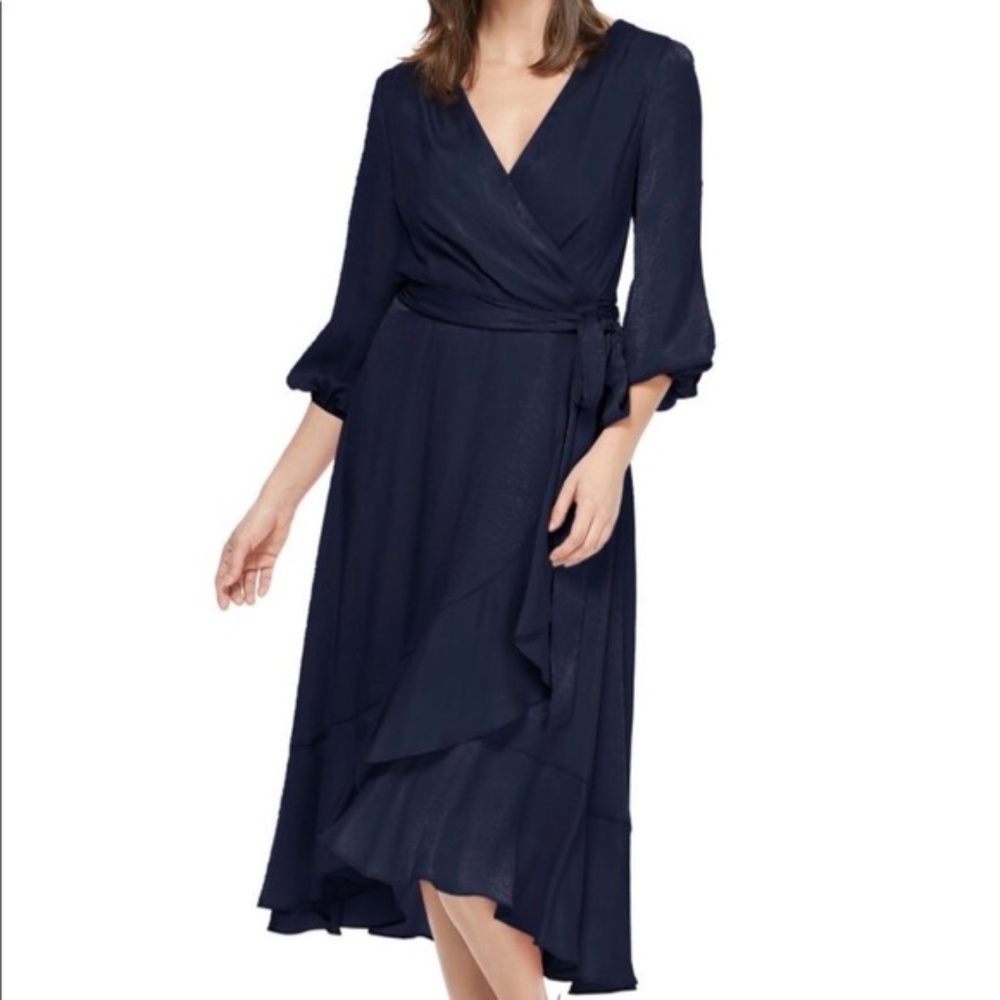 NWT Gal Meets Glam Navy Satin Wrap Dress
